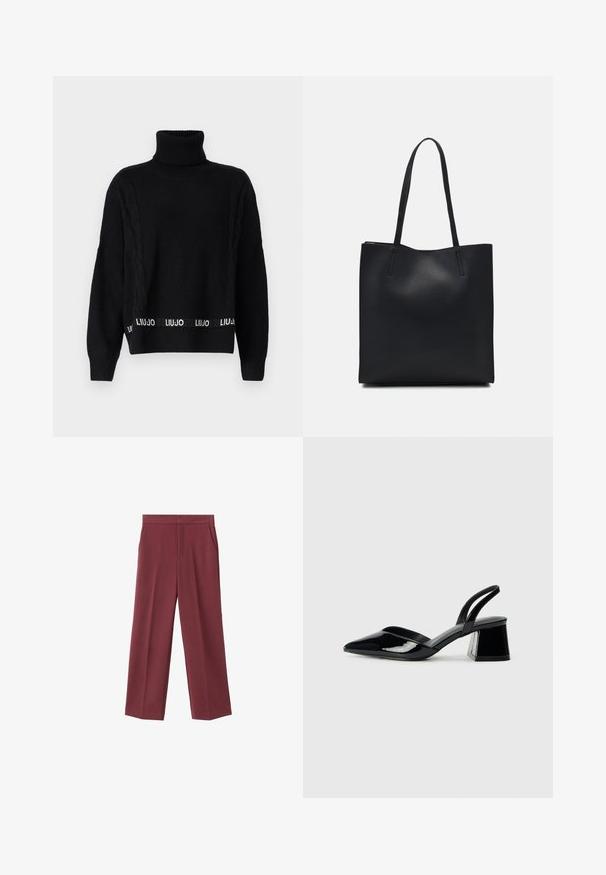 LIU JO Strickpullover - nero; Weinrote Hose mit weitem Bein aus glattem Material, ausgestattet mit seitlichen Taschen und einem hohen Taillendesign. Mit einem klaren vorderen Bügel gefaltet.; Schwarze Lackleder-Slingback-High Heels mit spitzem Schuh und einem geometrischen Blockabsatz. Verfügt über ein schlankes, minimalistisches Design und eine glatte Textur.; Schwarze Laptoptasche aus Leder mit glatter Textur, rechteckiger Form und zwei langen Griffen. Keine sichtbaren Beschläge oder Verzierungen.