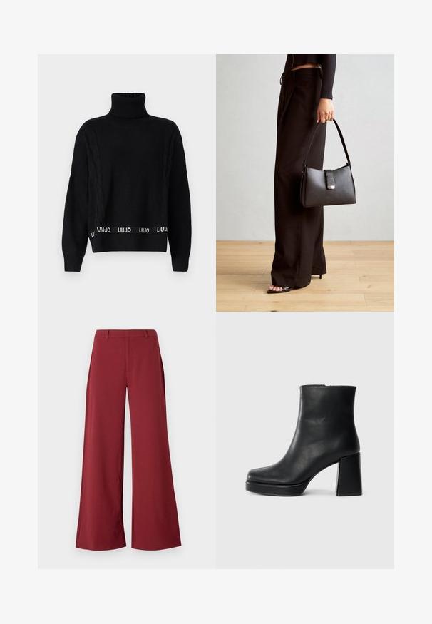 LIU JO Pulover - nero; Hlače širokih nogavice v temno burgundski barvi. Narejene iz gladkega, raztegljivega materiala z oblikovanimi šivi in sprednjim zadrgo.; Črne usnjene gležnjarje z blok peto in platformo, prikazane s strani na enobarvni beli podlagi.; Črna torbica z strukturirano obliko, gladko teksturo in kovinskim zaponko. Ujemajo se z širokimi črnimi hlačami in odprtimi sandali na lesenem tleh.