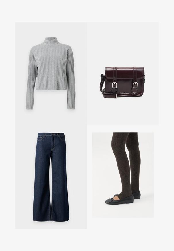Siva rebrasta turtleneck pulover z dolgimi rokavi, skrajšanega roba, mehkega tekstila in tesno prilegajoče zasnove. Brez vidnega okovja ali vzorcev.; Široke hlače iz temnega modrega denima. Imajo kontrastno šivanje, pet žepov in gumbasto zapiranje v pasu. Gladka tekstura.; Črne ravne čevlje z majhnim lokom na prstih, v kombinaciji s temno rjavimi rebrastimi nogavicami. Čevlji imajo gladko teksturo in nizko obliko.; Burgundska patentna usnjena torbica čez ramo z pravokotno obliko, dvema trakovoma, srebrno kovinsko opremo in zapiranjem na preklop.