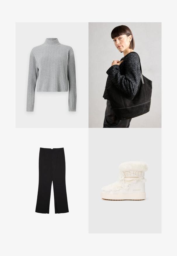 Harmaa ribattu poolopaita pitkillä hihoilla, lyhyellä helmalla, pehmeällä tekstuurilla ja istuvalla muotoilulla. Ei näkyvää metalliosaa tai kuvioita.; Mustat housut suoralinjaisella leikkauksella, joissa on etutaskut ja sivurei'ät helman alla. Valmistettu pehmeästä ja sileästä kankaasta. Sopii eri tilaisuuksiin.; Valkoiset karvavuorilliset Moon Bootit, joissa on sileä pinta, pyöreä muoto, paksu pohja ja kontrastina ruskea kumipohja. Varusteena nyörit ja tuotemerkki.; Musta mokkanahkainen laukku, jossa on sileä pinta, jämäkkä muoto ja kontrastivärinen ommel. Varustettu pitkillä hihnoilla olalla kantamista varten.