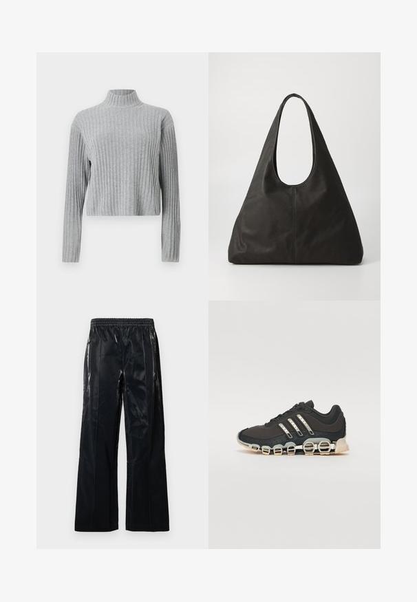 Pelēks ribots turtlenecks džemperis ar garām piedurknēm, īsu apakšu, mīkstu tekstūru un pieguļošu dizainu. Nav redzamu metāla detaļu vai rakstu.; Melni, platmalu bikses, izgatavotas no spīdīga materiāla. Aprīkotas ar elastīgu jostu un vertikālām šuvēm struktūrai un dizainam. Gluda tekstūra.; Melna sporta apavi ar teksturētu augšdaļu, trim sudraba svītrām un atšķirīgu amortizācijas zoli, kas sastāv no vairākiem integrētiem sekvencēm.; Melna ādas rokassoma ar izliekto rokturi, iegarenu trīsstūra formu un gludu tekstūru. Izceļas ar minimālistisku dizainu bez redzamām detaļām.