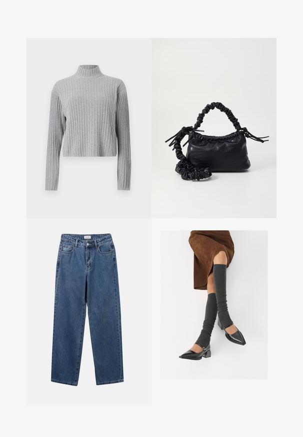 Gray ribbed turtleneck sweater with long sleeves, cropped hem, soft texture, and a fitted design. No visible hardware or patterns.; Classic blue denim jeans with a straight-leg design, five pockets, and a button closure. Features a medium wash and sturdy texture.; Black patent leather pointed-toe shoes with a block heel and ankle strap, paired with gray ribbed leg warmers and a brown suede skirt.; Black faux leather handbag with a crocodile texture, cinched top, and a scrunched strap. Appears soft and compact in design.