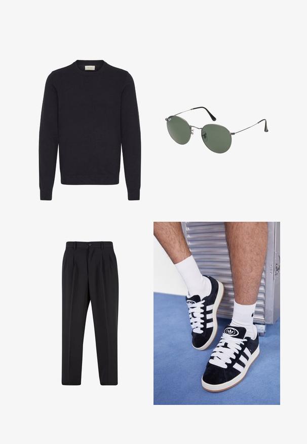 Schwarzer Strickpullover mit Rundhalsausschnitt, langen Ärmeln und gerippten Bündchen sowie Saum. Glatte Textur ohne sichtbare Muster oder Verzierungen.; Schwarze Hose mit plissiertem Vorderdesign, aus glattem Stoff gefertigt. Mit Knopfverschluss und Gürtelschlaufen; gerade Passform.; Schwarze Wildledersneaker mit weißen Schnürsenkeln und drei weißen Streifen. Verfügt über ein kreisförmiges schwarzes Logo auf der Zunge und eine Gummisohle.; Metallgestellte Sonnenbrille mit ovalen grünen Gläsern. Dünner silberner Metallrahmen und schwarze Ohrstücke. Minimalistisches Design, keine sichtbaren Logos.