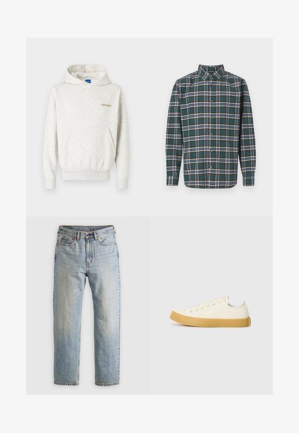 Hellgrauer Hoodie aus weichem Stoff, mit einer Kängurutasche und gerippten Bündchen, versehen mit einem kleinen gelben Grafikaufdruck auf der Brust.; Grünes Flanellhemd mit einem Karo-Muster, das blaue, weiße und senfgelbe Linien aufweist. Mit Knopfleiste und spitzem Kragen. Lange Ärmel.; Helle blaue Jeans mit hoher Taille, Frontknopf, Reißverschluss und fünf Taschen-Design, flach auf einem neutralen Hintergrund ausgelegt.; Leinensneaker in Off-White mit runder Zehenpartie, ausgestattet mit beigen Gummisohlen und fünf Ösen für Schnürsenkel, mit strukturiertem Finish auf dem Obermaterial.