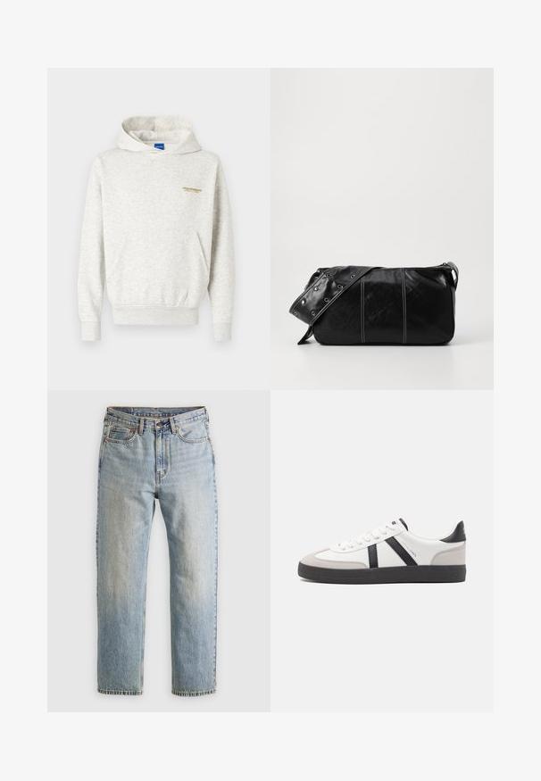 Lys grå hoodie lavet af blødt stof, med en kængurulomme og ribbede manchetter, samt et lille gult grafisk motiv på brystet.; Lysblå denim jeans med høj talje, frontknap, lynlås og fem-lomme design, lagt fladt på en neutral baggrund.; Hvide sneakers med sorte og grå detaljer, med en tekstureret grå tåhætte, sort gummisål og flade hvide snørebånd. Rent design, minimalistisk stil.; Sort læder skuldertaske med lynlås, der har en tekstureret overflade, hvid syning og en rem med sølvøskner.