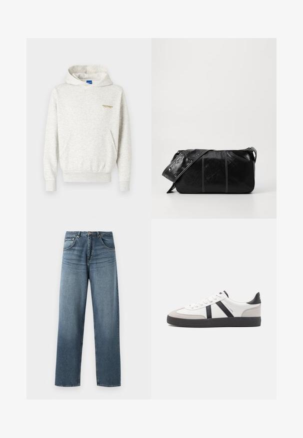 Hellgrauer Hoodie aus weichem Stoff, mit einer Kängurutasche und gerippten Bündchen, versehen mit einem kleinen gelben Grafikaufdruck auf der Brust.; Gerade geschnittene blaue Jeans aus Denim mit gewaschenem Finish, ausgestattet mit einem Fünf-Taschen-Design, Metallknopf und Gürtelschlaufen. Robustes, mittelschweres Material.; Weiße Sneaker mit schwarz- und grau-aczenten, ausgestattet mit einer strukturierten grauen Zehenkappe, schwarzer Gummi-Sohle und flachen weißen Schnürsenkeln. Sauberes Design, minimalistische Stil.; Schwarze Leder Schultertasche mit Reißverschluss, ausgestattet mit einer strukturierten Oberfläche, weißen Nähten und einem Tragegurt mit silbernen Ösen.