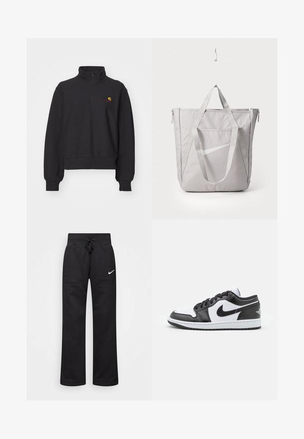 Sudadera negra con alto cuello y cremallera de un cuarto. Presenta puños y dobladillo acanalados. Incluye un pequeño logo multicolor en el pecho.; Top corto de manga larga negro con textura acanalada, que presenta un amplio escote redondeado y una silueta ajustada, con un sutil acento del logo de la marca.; Pantalones de chándal negros hechos de una mezcla de algodón, con una cintura elástica ajustable, piernas rectas y un logo blanco de Nike en el lado izquierdo.; Las zapatillas Nike de corte bajo en blanco y negro presentan un upper de cuero suave, puntera redonda, cierre con cordones y una suela de goma con patrón.; Bolso tote gris con asas reforzadas, bolsillo frontal con cremallera y el logo de Nike en blanco. Fabricado con un material duradero y una textura suave.