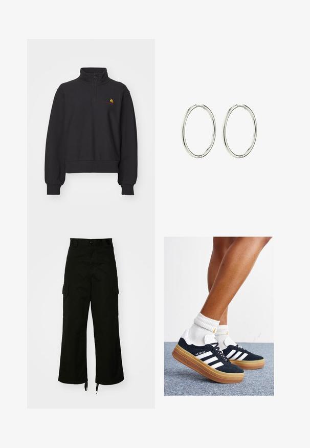 Schwarzer Pullover mit hohem Kragen und Viertelreißverschluss. Verfügt über gerippte Bündchen und Saum. Enthält ein kleines, mehrfarbiges Logo auf der Brust.; Schwarze Cargo-Hosen aus Baumwolle mit weitem Bein, seitlichen Taschen und Kordelzügen am Saum. Das Design umfasst einen Knopfverschluss an der Taille.; Schwarze Wildledersneaker mit weißen Streifen und Akzenten, rundlicher Zehenbereich, Sohlen aus braunem Gummi, kombiniert mit weißen, gerippten Sneakersocken.; Silberne Creolen mit einer glatten, polierten Oberfläche. Runde Form, leichtes Design und mit einem sicheren Verschlussmechanismus ausgestattet.
