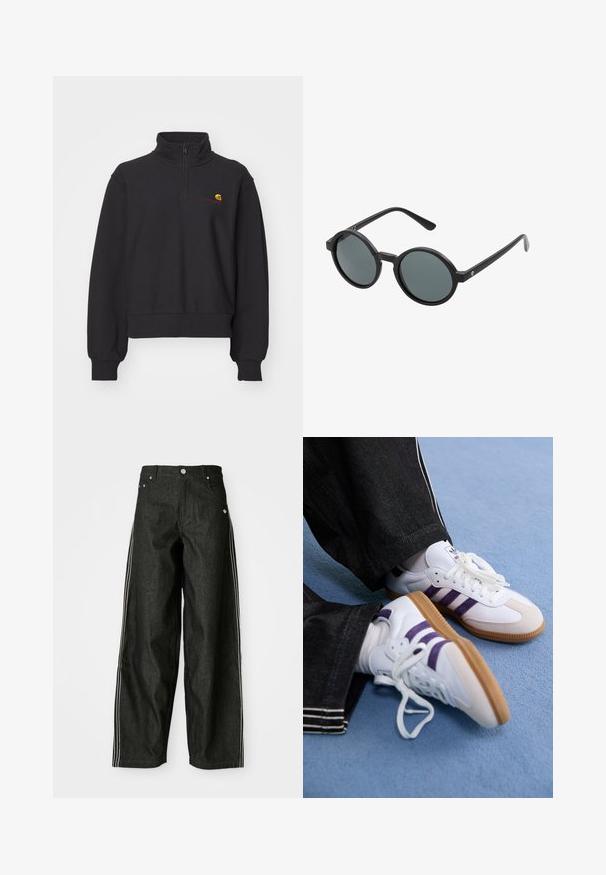Felpa nera con colletto alto e zip a un quarto. Presenta polsini e orlo a costine. Include un piccolo logo multicolore sul petto.; Pantaloni larghi in denim nero con strisce laterali bianche, dotati di tasche frontali, chiusura con bottone e un logo discreto vicino alla vita.; Scarpe da ginnastica bianche con strisce viola e suole in gomma marrone, caratterizzate da lacci tondi e un collo imbottito. Indossate con pantaloni in denim scuri.; Occhiali da sole rotondi con montatura in plastica nera e lenti grigio scuro. Presentano bracci sottili e dritti con accenti minimalisti.