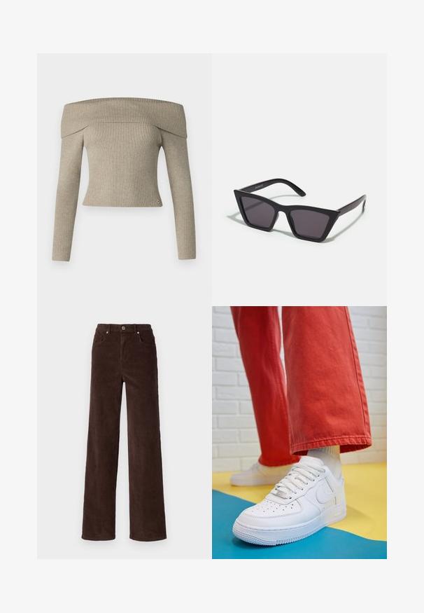 Off-the-shoulder beige ribbed knit top with long sleeves and fitted design. Features a small logo accent at the hem.; Vero Moda VMTESSA WIDE PANTS - Trousers - chocolate torte; White leather sneaker with perforated toe box, textured sole, and white laces, paired with wide red pants and a blue and yellow background.; Black, angular sunglasses with gray lenses; made of plastic, featuring thick arms with a smooth surface and no visible hardware.; Gold hoop earrings with a smooth, shiny finish. Circular design featuring a small post and clear backing for secure wear.