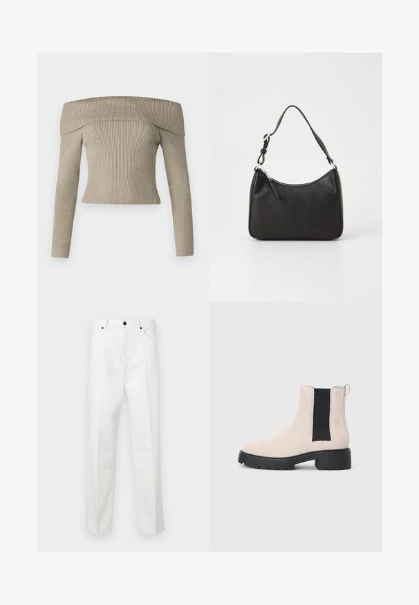 Beige off-the-shoulder ribbeltricot top met lange mouwen en aansluitend ontwerp. Bevat een klein logo-accent aan de zoom.; Witte denim broek met een rechte snit, knoopsluiting en twee voorkruiden. Geen zichtbare patronen of versieringen. Vlotte textuur.; Beige suède Chelsea-boot met zwarte elastische zijpaneel, robuuste zwarte zool en een trekhaak bij de enkel.; Zwarte leren handtas met een gebogen vorm, een enkele schouderband, ritsluiting en subtiele branding aan de voorkant. Glad textuur, minimalistisch ontwerp.