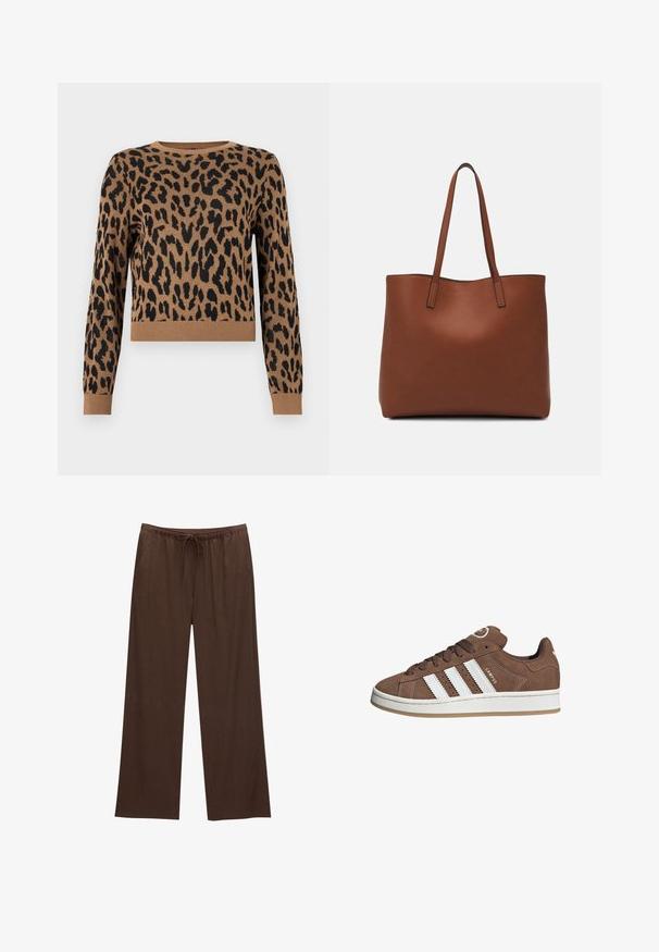 Tijgerprint trui in beige met zwarte vlekken. Materiaal is gebreid, met een ronde halslijn en geribbelde zoom. Korte lengte en lange mouwen.; Bruine wijde broek gemaakt van zachte stof, met een elastische tailleband en een trekkoord, en twee zijzakken.; Bruine suède sneaker met witte leren strepen, rubberen zool, ronde neus en vetersluiting. Kenmerkt zich door een logo op de tong en geperforeerde accenten.; Bruine leren tote bag met een gladde textuur, een ontwerp met een open bovenkant en twee schouderbanden. Kenmerkt zich door minimale stiksels en geen zichtbare hardware.