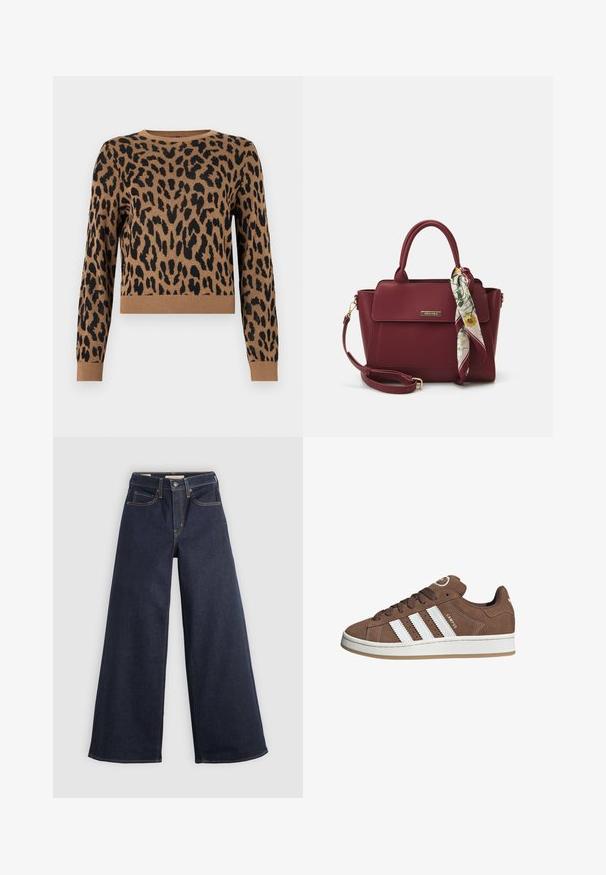 Leopard print sweater in tan with black spots. Material is knit, features a round neckline and ribbed hem. Cropped length and long sleeves.; Wide-leg denim jeans in dark blue with contrast stitching. Features traditional five-pocket design and a button closure at the waist.; Brown suede sneakers with white leather stripes, rubber sole, rounded toe, and lace-up front. Features a logo on the tongue and perforated accents.; Burgundy handbag made of synthetic material with a structured design, featuring a detachable strap and a floral-patterned scarf tied to the handle.