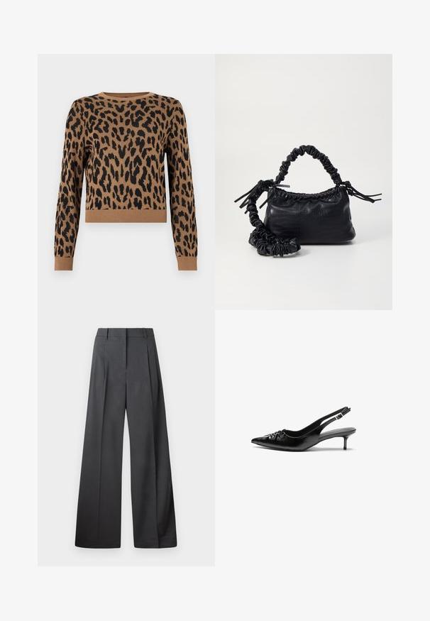 Pull à imprimé léopard en beige avec des taches noires. Matériau en tricot, avec un col rond et un ourlet côtelé. Longueur courte et manches longues.; Pantalons à jambes larges en tissu gris foncé, avec une taille haute, des plis simples et une texture lisse avec une finition soignée aux ourlets.; Escarpins slingback en cuir noir avec bout pointu, petit talon kitten et détail froncé sur le cou-de-pied. Texture lisse et design minimaliste.; Sac à main en simili cuir noir avec une texture crocodile, un dessus resserré et une sangle froncée. A l'apparence douce et compacte.