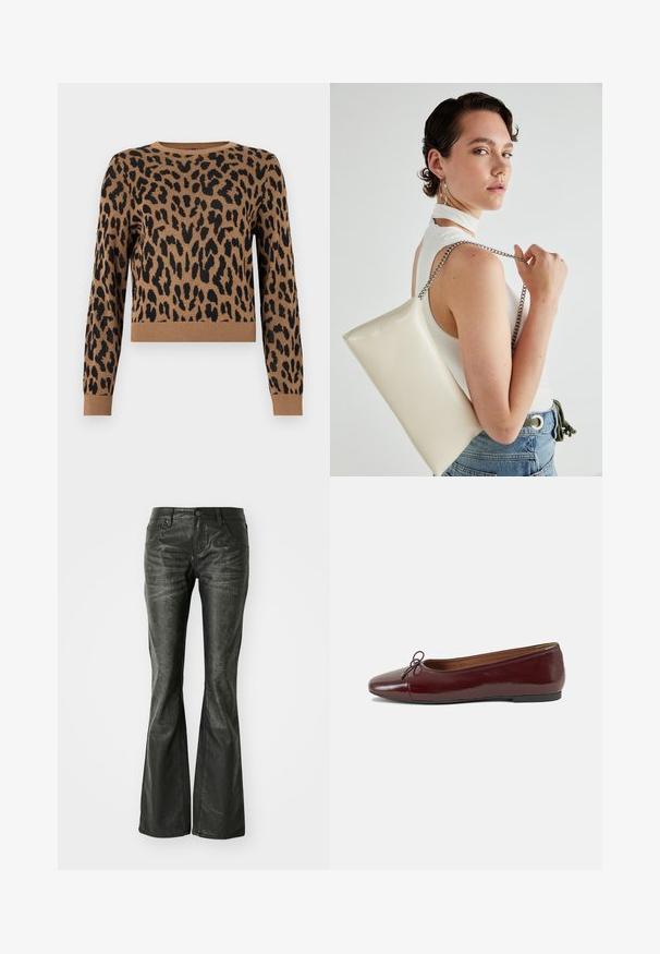 Leopardenmuster-Pullover in Beige mit schwarzen Flecken. Das Material ist gestrickt und hat einen runden Ausschnitt sowie einen gerippten Saum. Kürze und lange Ärmel.; Schwarze Kunstleder-Flared-Jeans mit Fronttaschen, einem Metallknopfverschluss und einer leicht strukturierten Oberfläche. Schmaler Schnitt mit langem Bein.; Burgunderfarbenes, lackiertes Ballettschuh mit abgerundetem Zehenbereich, kleiner Schleifenakzent vorne und einer niedrigen, schwarzen Gummisohle. Glatte Textur.; Weiße rechteckige Clutch aus glänzendem Material mit einem silbernen Kettenriemen. Das Model posiert und präsentiert die Tasche vor einem schlichten Hintergrund.