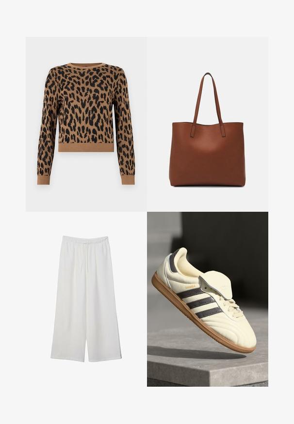 Sweter w panterkę w odcieniu beżowym z czarnymi plamami. Materiał jest dziany, ma okrągły dekolt i ściągacz u dołu. Krótka długość i długie rękawy.; Białe szerokie spodnie wykonane z lekkiego materiału, z elastyczną talią i sznurkiem do regulacji fasonu. Gładka tekstura.; Kremowe skórzane trampki z trzema ciemnymi paskami, brązową gumową podeszwą i zaokrąglonym noskiem. Posiadają składany język z napisem "SAMBA".; Brązowa skórzana torba tote o gładkiej fakturze, z otwartym wierzchem i dwoma ramiączkami. Charakteryzuje się minimalnym przeszyciem i brakiem widocznych elementów metalowych.