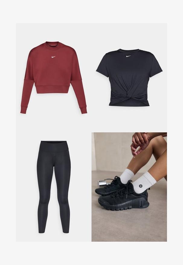 Bordó, rövidített fazonú pulóver, puha anyagból készült, hosszú ujjú, kerek nyakkivágással, és egy kis fehér Nike logóval a mellrészén.; Fekete sportpóló sima anyagból, elöl megkötős dizájnnal, a mellkason egy kis fehér Nike logóval.; Fekete leggings sima, rugalmas anyagból. Magas derék, látható minták vagy díszítések nélkül. Szorosan illeszkedik a derektól a bokáig.; Fekete sportcipők texturált anyagból, fűzős kialakítással és hangsúlyos talppal, fehér bordás zoknikkal párosítva, melyek kis logóval rendelkeznek.