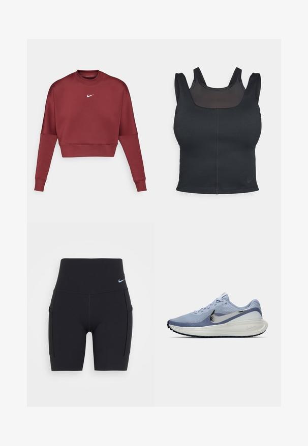 Maroon kroćeni dukserica izrađena od mekog materijala, s dugim rukavima, okruglim izrezom i malim bijelim Nike logom na prsima.; Crni sportski grudnjak s prilagođenim dizajnom, širokim trakama i mrežastim prekrivačem sprijeda. Glatka tekstura i minimalni šavovi. Nike logo na rubu.; Crne visoke sportske kratke hlače od rastezljivog materijala. Imaju bočne džepove i mali svijetloplavi logo na pojasu.; Svijetloplave i bijele Nike tenisice za trčanje sa srebrnim swoosh logotipom, prozračnim mrežastim gornjištem, udobnim potplatom i crnim uzorkom na potplatu.