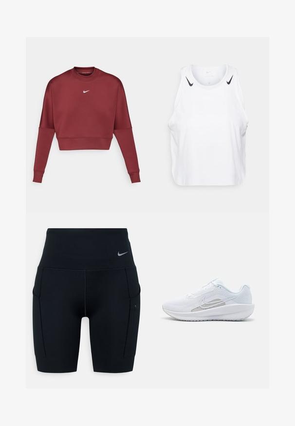 Felpa corta color bordeaux realizzata in tessuto morbido, con maniche lunghe, scollo rotondo e un piccolo logo Nike bianco sul petto.; Top senza maniche bianco realizzato in tessuto leggero, con accenti del logo Nike nero sulle spalle, scollatura rotonda e vestibilità morbida.; Shorts sportivi neri a vita alta realizzati in materiale elasticizzato; presentano tasche laterali e un piccolo logo Nike sulla vita.; Scarpa sportiva bianca con tomaia in rete, punta arrotondata e suola testurizzata. Presenta il logo Nike in argento e un design minimalista.