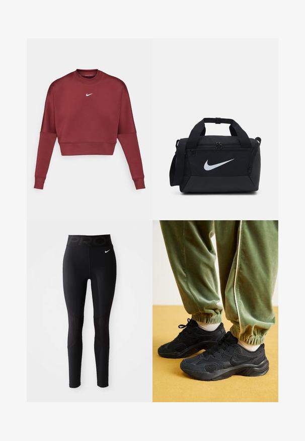 Felpa corta color bordeaux realizzata in tessuto morbido, con maniche lunghe, scollo rotondo e un piccolo logo Nike bianco sul petto.; Leggings atletici neri con una cintura larga che presenta il testo "PRO", una texture liscia e dettagli a coste sui lati per un tocco in più.; Sneakers sportivi neri con sovrapposizioni in rete e sintetico, suola texturizzata, abbinati a pantaloni da jogging verdi con polsini elasticizzati, su una superficie gialla.; Borsa duffel nera con tessuto liscio, scomparti a doppia zip, manici imbottiti e un grande logo Nike bianco sulla parte anteriore.