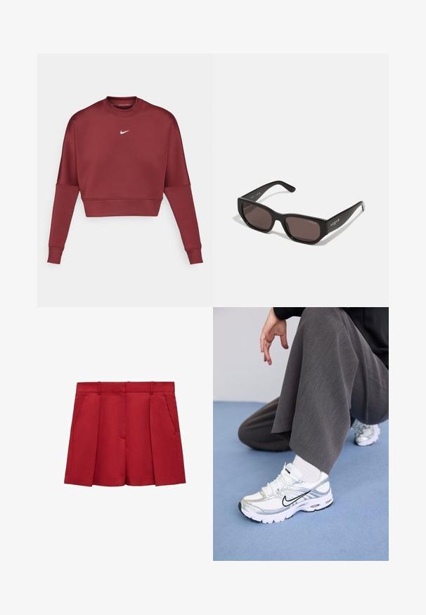 Bordeaux cropped huppari, joka on valmistettu pehmeästä kankaasta. Hupparissa on pitkät hihat, pyöreä pääntie ja pieni valkoinen Nike-logo rinnassa.; Punat punah merah yang dirancang dengan kain ringan, menampilkan bagian depan rata, dua saku samping, dan tampilan yang rapi dengan lipatan.; Valkoiset ja hopeiset urheilukengät, joissa on verkkomainen ja synteettinen materiaali, mustilla korostusviivoilla, nauhoilla ja teksturoiduilla pohjilla.; Mustat suorakulmaiset aurinkolasit tummilla linsseillä. Ominaisuuksina sileä muovikehys ja logotieto tempussa. Siisti, moderni muotoilu.; Burgundy laukku, joka on valmistettu synteettisestä materiaalista ja jossa on jäsennelty muotoilu. Laukussa on irrotettava hihna ja kukkakuosisia huiveja, jotka on sidottu kahvaan.