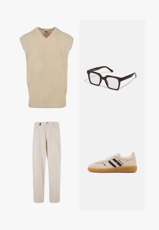 Urban Classics Pulover - softseagrass; Bela srajca z dolgimi rokavi in gumbi, izdelana iz gladkega materiala. Ima klasičen ovratnik, sprednje gumbke in manšete z enim gumbom. Oblika je ozka.; Bež bombažne hlače s ravnim krojem, ki imajo sprednje žepe in gumbasto zapiranje. Gladka tekstura z minimalnimi detajli.; Bež zamščene superge z črnimi črtami in besedilom "Spezial", opremljene z teksturirano gumo in klasičnim vezalnim dizajnom.; Kvadratne sončna očala z okvirjem iz acetata v barvi kornjače in prozornimi lečami. Imajo široke tempeljne ročke in mat površino, kar povečuje skupno trdnost.