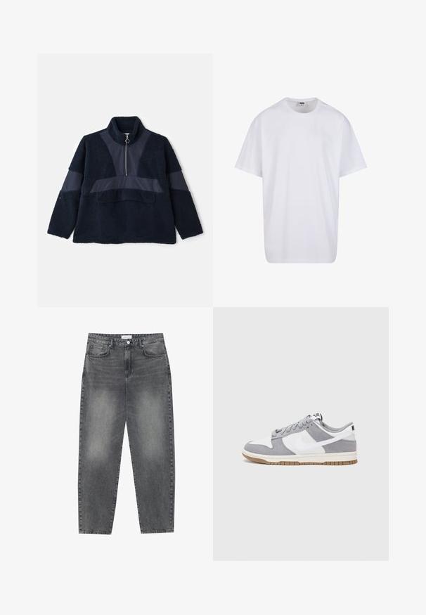 Marinefarget fleece-genser med høy krage, halv glidelås og kontrasterende glatte stoffpaneler. Den myke teksturen og den avslappede passformen øker komforten.; Hvit bomull t-skjorte med korte ermer, rund utringning, avslappet passform, og ingen synlige logoer eller mønstre. Glatt tekstur og minimalistisk design.; Høyt liv, løstsittende jeans i falmet svart denim. Har fem lommer, beltehemper og et rent, rett ben-design.; Grå og hvite sneakers med overdel i semsket skinn og lær, rund tå, flate lisser, og gummisåle med gummibelegg.