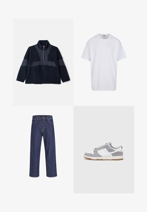 Sudadera de forro polar en azul marino con cuello alto, media cremallera y paneles de tela lisa en contraste. Suave al tacto y con un corte relajado que mejora la comodidad.; Camiseta blanca de algodón con mangas cortas, cuello redondo, corte relajado y sin logotipos ni patrones visibles. Textura suave y diseño minimalista.; Vaqueros de mezclilla azul oscuro con corte recto, diseño de cinco bolsillos, cierre de botón metálico y costuras en contraste, que presentan una sutil textura.; Zapatilla gris y blanca con parte superior de ante y cuero, puntera redondeada, cordones planos y suela de goma con un acento de goma.
