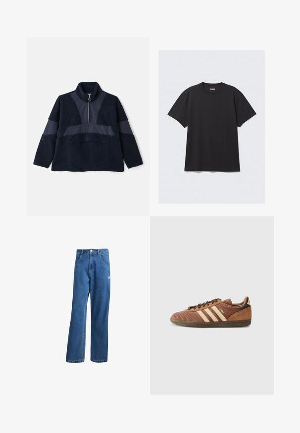 Marineblauer Fleece-Pullover mit hohem Kragen, halbem Reißverschluss und kontrastierenden glatten Stoffpaneelen. Die weiche Textur und der lässige Schnitt erhöhen den Komfort.; Schwarzes T-Shirt mit kurzen Ärmeln aus Baumwolle. Hat einen Rundhalsausschnitt und eine lockere Passform. Einfaches Design ohne sichtbare Muster oder Akzente.; Blaue hohe, weite Jeans mit Fronttaschen, Gürtelschlaufen, Knopfverschluss und kleinem Adidas-Logo am rechten Oberschenkel.; adidas Originals SAMBA UNISEX - Sneaker low - preloved brown/sand strata/dark brown