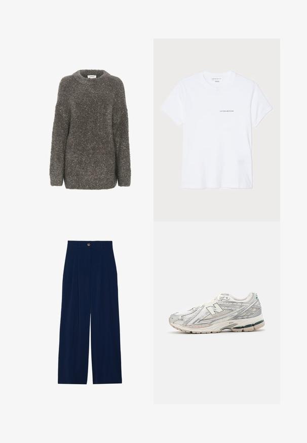 Gray, textured sweater with a crew neckline, long sleeves, and a loose fit. Made from a soft, fuzzy material, featuring a simple design.; White cotton t-shirt with short sleeves, round neckline, and a small black "VICTORIA BECKHAM" logo on the chest. Minimalist design.; Navy blue wide-leg trousers made of soft material, featuring front pleats, a button closure, and two side pockets.; Running shoe features a silver and white mesh upper with a green accent. The sole is chunky and textured, designed for cushioning and support.