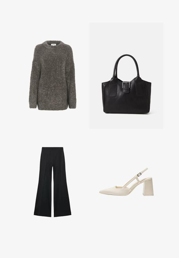 Šedý, strukturovaný svetr s kulatým výstřihem, dlouhými rukávy a volným střihem. Vyrobený z měkkého, načechraného materiálu, se jednoduchým designem.; Černé kalhoty s širokými nohavicemi a hladkou texturou, s předními sklady a přizpůsobeným střihem. Materiál je lehký a splývavý.; Béžové nazouvací boty s špičatou špičkou, lesklým lakovaným povrchem, středně vysokým blokovým podpatkem a nastavitelným páskem. Minimalistický design s otevřenými boky.; Černá kožená tote taška s hladkým povrchem, strukturovaným tvarem, dvěma uchy a výrazným stříbrným detailem s přezkou na přední straně.