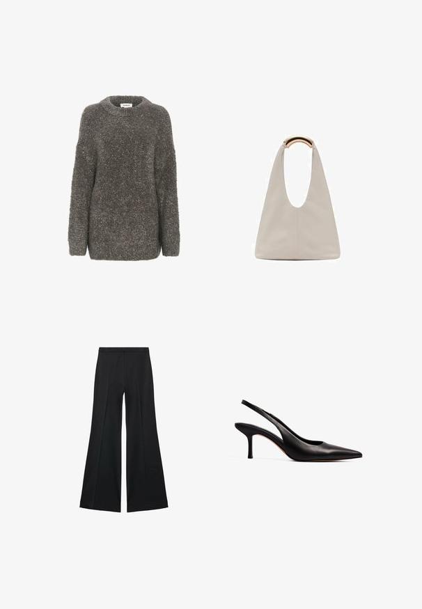 Grijze, gestructureerde trui met een ronde hals, lange mouwen en een losse pasvorm. Gemaakt van een zachte, harige stof, met een eenvoudig ontwerp.; Zwarte wijde-pijpen broek met een gladde textuur, gekenmerkt door voorplooien en een op maat gemaakte uitstraling. De stof is lichtgewicht en vloeiend.; NA-KD Klassieke pumps - black; Lichtgrijze leren tas met een U-vormig ontwerp en een gebogen metalen handvat. Glad oppervlak met minimale stiksels en geen zichtbare patronen.