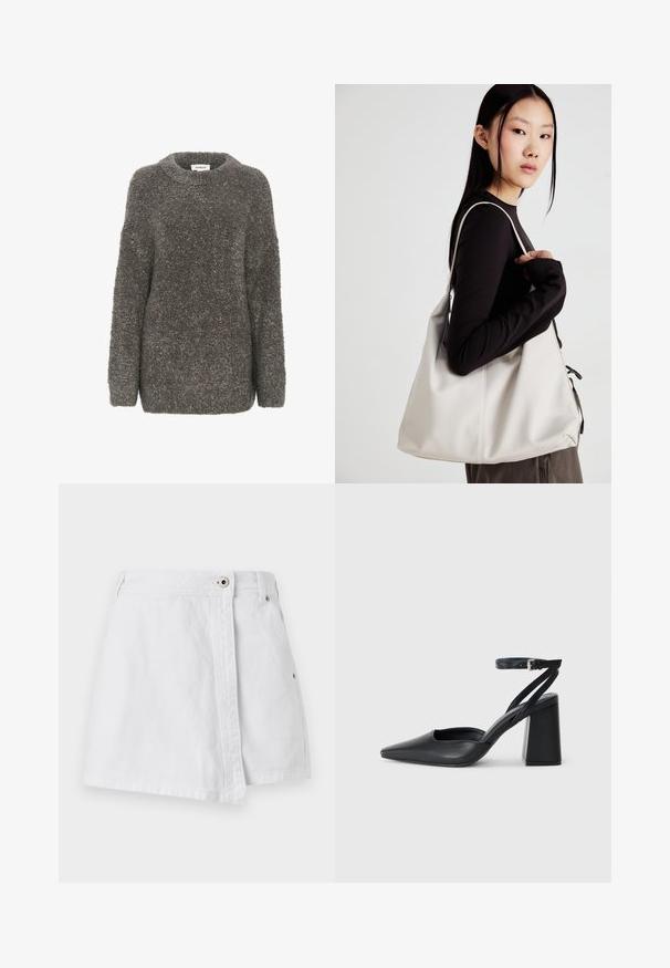 Pilkas, tekstūruotas megztinis su apvalia iškirpte, ilgomis rankovėmis ir laisvu siluetu. Pagamintas iš minkštos, pūkuotos medžiagos, su paprastu dizainu.; Balti džinsinio mini sijonas su priekiniais mygtukais, tiesia kirpimo forma ir subtiliu siuvimo detaliu. Pasižymi švaria, lygaus paviršiaus tekstūra.; Juoda odinė smailiagalė aukštakulnio bateliai su kulkšnies dirželiu ir storu kulnu. Lygus paviršius, elegantiškas dizainas ir minimalistiška estetinė. ; Bežinė rankinė, pagaminta iš minkštos medžiagos, turinti laisvą dizainą, siuvinėtas detalės ir dvi petnešos. Tinkama kasdieniam naudojimui.