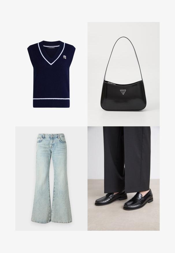 Kék bordázott kötött ujjatlan pulóver V-nyakkal és fehér csíkozással. A mellkason egy kis hímzett logóval rendelkezik.; Világoskék, trapéz szabású farmernadrág, magas derékkal, zsebekkel és fonott szegéllyel. Az anyag kifakult mosást és finom textúrát mutat.; Fekete bőr loaferek sima felülettel, varrott részletekkel az orrnál és alacsony gumitalppal. Széles fekete nadrággal párosítva.; Fekete lakkbőr válltáska ívelt formával, ezüst háromszög logóval és cipzáros záródással. Simaság jellemzi és vékony pántja van.
