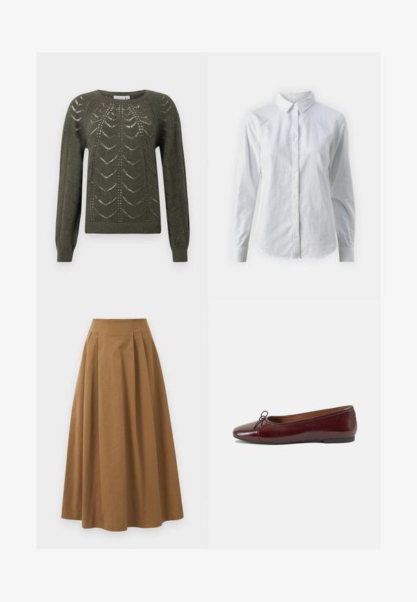 Olive green knitted sweater featuring a rounded neckline and long sleeves, with a textured, open pattern and ribbed hem.; White button-up shirt made of smooth cotton, featuring a classic collar, long sleeves, and a curved hem. Buttons are small and white.; Brown cotton A-line skirt with a high waist, featuring pleats down the front and a smooth texture. Hem finishes are clean and simple.; Burgundy patent leather ballet flat with a rounded toe, small bow accent at the front, and a low, black rubber sole. Smooth texture.