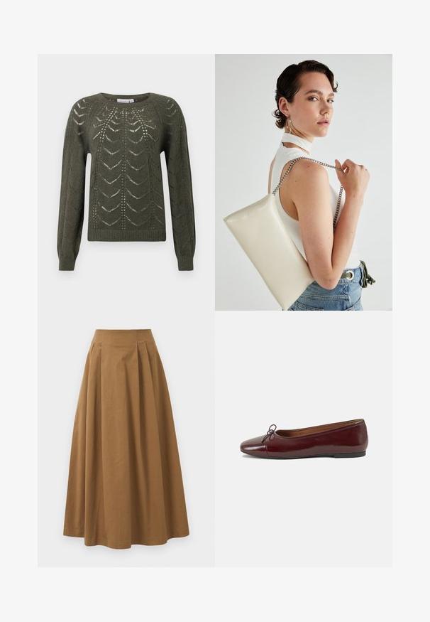 Suéter tricotado verde-oliva com decote redondo e mangas longas, apresentando um padrão texturizado e aberto, com bainha canelada.; Saia A-line de algodão castanho com cintura alta, apresentando pregas na parte da frente e uma textura suave. As bordas da bainha são limpas e simples.; Bailarinas em couro sintético borgonha com bico redondo, pequeno laço na frente e sola baixa em borracha preta. Textura suave.; Bolsa de mão retangular branca, feita de material brilhante, com uma alça em corrente prateada. Modelo posa, exibindo a bolsa contra um fundo simples.