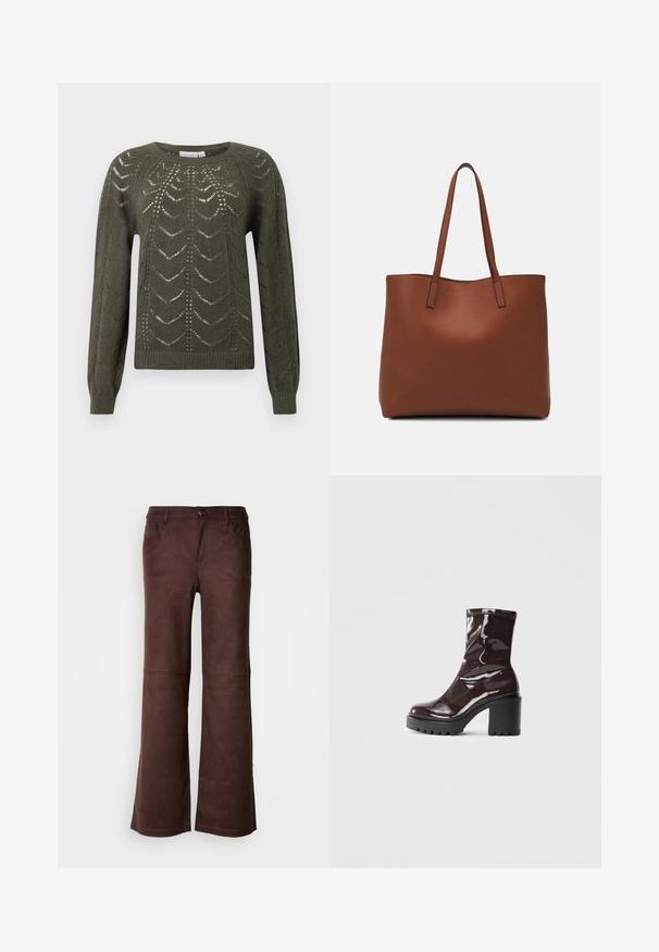 Olivno zelena pletena puloverja z zaobljenim vratnim izrezom in dolgimi rokavi, z teksturiranim odprtim vzorcem in rebrastim robom.; Rjave širše hlače iz mehkega, suedenemu podobnega materiala. Imajo štiri žepe, zapiranje s gumbom in gladko, teksturirano površino.; Sijajan škrlatank z bleščečim videzom, z masivnim črnim peto, ki se ponaša z gladko teksturo in preprostim dizajnom. Brez vidnih zapenjal ali vzorcev.; Rjava usnjena torba z gladko teksturo, odprto zasnovo zgoraj in dvema naramnima trakovoma. Opremljena je z minimalnim šivanjem in brez vidnih kovinskih delov.