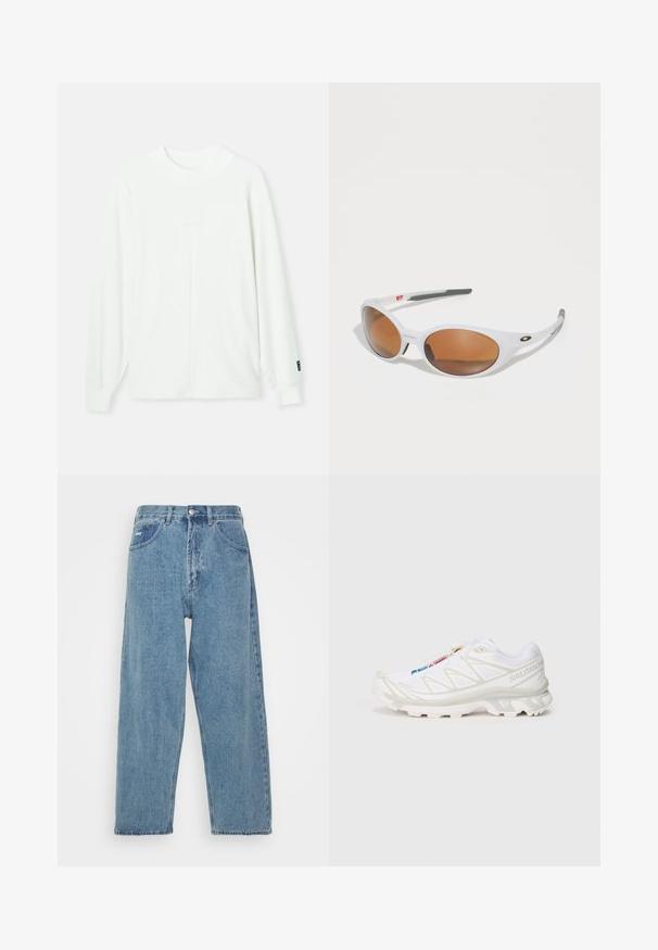 Pullover branco de manga longa com gola redonda, punhos com nervuras e uma costura central que desce verticalmente pela frente. Tecido macio.; Camiseta branca de mangas curtas em tecido de algodão com decote redondo. Design simples, sem padrões ou detalhes. Textura suave.; Jeans de denim azul claro com cintura alta e corte relaxado, apresentando dois bolsos frontais, um bolso traseiro com etiqueta e fecho de botão.; Sapatilha atlética branca com parte superior em malha texturada, detalhes refletivos e sola acolchoada. Logótipo da marca destacado na lateral.; Óculos de sol brancos com lentes castanhas, de forma oval, feitos de plástico suave, apresentando detalhes cinzas nas hastes e um logótipo na armação.