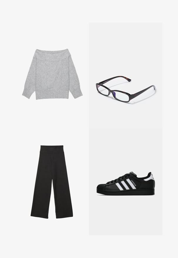 Lichtgrijze gebreide trui met wijde hals die van de schouders af valt, lange mouwen en geribbelde boorden aan mouwen, zoom en brede halslijn.; Zwarte wijde broek met hoge elastische tailleband, zachte stof en een losse pasvorm, geschikt voor casual wear of ontspannen omgevingen.; Zwarte Adidas Superstar sneaker met witte strepen, schelpneus en 'Superstar' tekst aan de zijkant, afgebeeld in zijaanzicht op een witte achtergrond.; Rechthoekige bril met een schildpadpatroon, zwart kunststof montuur en transparante glazen. Voorzien van dunne pootjes en een lichte buiging aan de uiteinden.; Hobo tas in zacht beige suede met een slungelige vorm, brede schouderband en een handgestikte naad langs de voorkant.