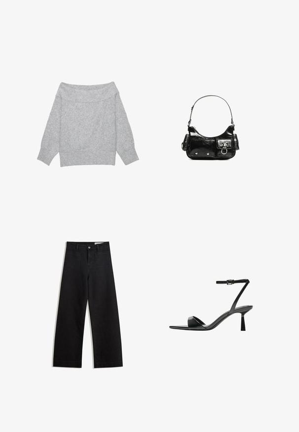 Maglione lavorato a maglia grigio chiaro con scollo a barca, maniche lunghe e polsini, orlo e ampia scollatura a costine.; Pantaloni in denim neri a gamba larga con vita alta, dotati di tasche anteriori e posteriori, cuciture a punto, e chiusura con bottone. Texture liscia.; Bershka Sandali con tacco - black; Borsa a spalla in vernice nera con forma curvata, una tracolla, tasche frontali e dettagli in metallo argentato.