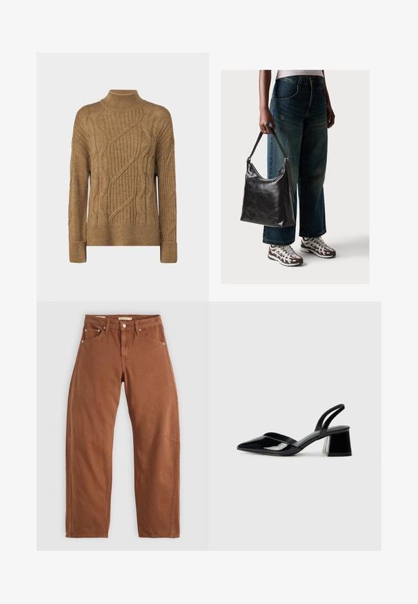 ONLY ONLLEISE LOOSE HIGHNECK - Pulover - tannin melange; Rjavi rjavi ravni hlače z zadrgo in zankami za pas, z zadnjimi in sprednjimi žepi ter kovinskimi zakovicami, razpolagane na beli podlagi.; Črne lakirane slingback pete s koničastim nosom in geometrijsko blokasto peto. Imajo eleganten, minimalističen dizajn in gladko teksturo.; Črna usnjena torba za ramo z gladko teksturo in nastavljivim trakom, v kombinaciji z zbledelimi širokimi hlačami in športnimi supergami.