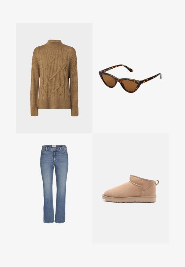 ONLY ONLLEISE LOOSE HIGHNECK - Vesta - tannin melange; Srednje plave traperice ravnog kroja s prednjim gumbom i patentnim zatvaračem, petljama za remen te prednjim i stražnjim džepovima.; Bež nubuk gležnjača s okruglim vrhom, mekanom teksturom, jednostavnim dizajnom i niskim gumiranim potplatom. Ima čipku na stražnjoj strani.; Sunglasses u obliku mačjih očiju s okvirom u crno-narančastom kornjačevom uzorku, smešnim lećama i elegatnim, šiljastim vrhovima. Sadrži minimalni logo na dršci.; Mala krem torbica s teksturiranim finišom, dugačkim podesivim remenom, lančanim detaljem i preklopom. Zlaćani hardver.