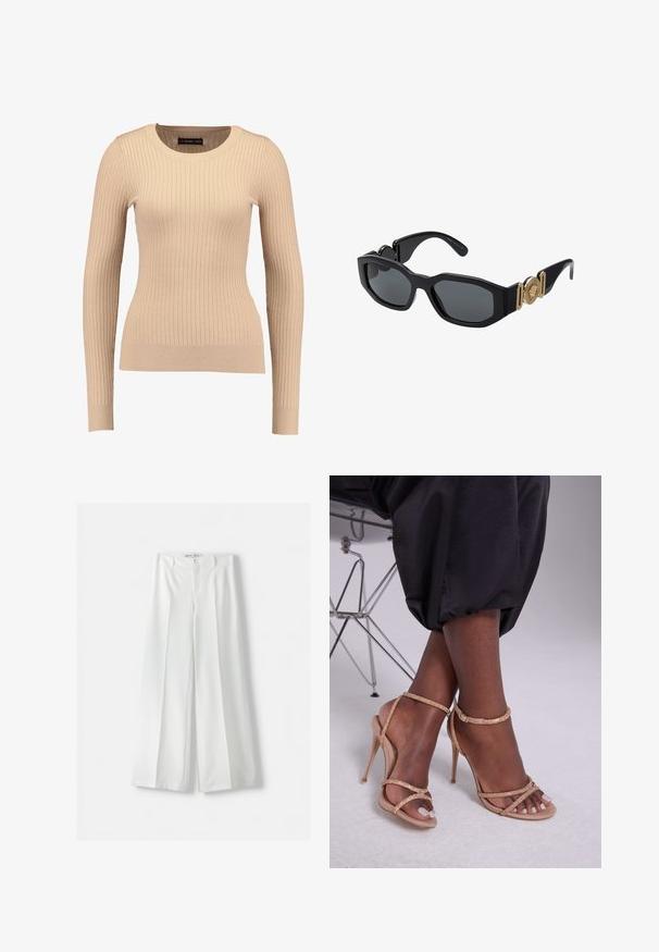 Gestreifter Langarm-Pullover in hellbeige, aus dehnbarem Stoff hergestellt. Verfügt über einen runden Ausschnitt und eine taillierte Silhouette mit bündchenartigen Manschetten.; Bershka WIDE-LEG TAILORED - Stoffhose - white; Beige High-Heelsandalen mit Kristallverzierungen, offen an den Zehen, dünnen Riemen und einer eleganten Silhouette.; Schwarze Sonnenbrille mit einem massiven geometrischen Rahmen, dunklen Gläsern und goldenen Metallelementen an den Bügeln, die ein rundes Emblemdetail aufweisen.; Michael Kors Clutch in beige beschichtetem Canvas mit einem wiederholten MK-Logo-Muster, goldfarbener hardware und einem abnehmbaren Kettenriemen.