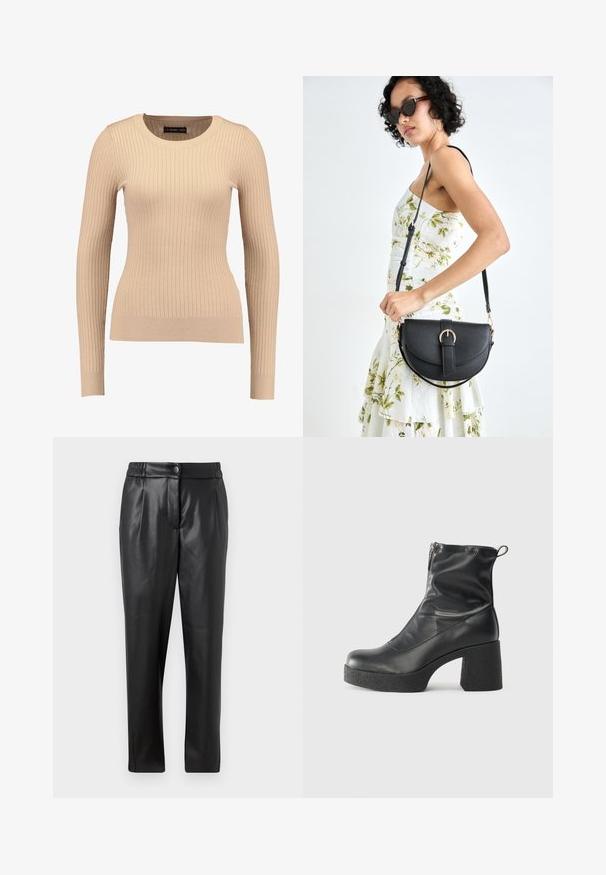 Pulover cu maneci lungi și textură în clos, de culoare bej deschis, fabricat dintr-un material elastic. Are un decolteu rotund și o siluetă ajustată, cu manșete bandate.; Pantaloni din piele neagră cu o textură netedă, croială dreaptă, talie elastică și închidere cu nasture frontal; detalii plisate și picioare înguste.; Bocanci negri de glezna din piele netedă, cu fermoar lateral, toc texturat și masiv, și design cu vârf rotund.; Geantă din piele neagră, cu o formă curbată, curea detașabilă și accesorii aurii. Geanta are un capac cu un detaliu tip cataramă.