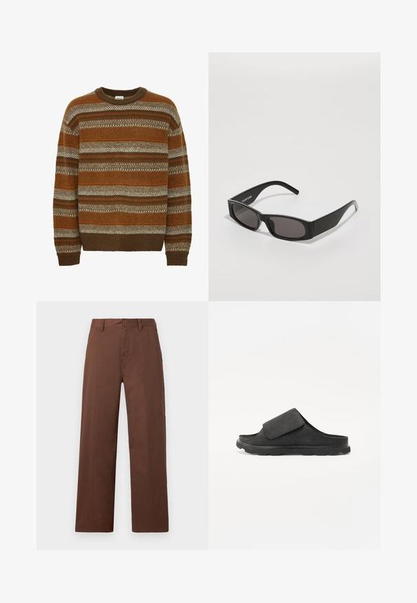 Solid SDMAXWELL - Strikkegenser - slate black; Brune vide benbukser laget av glatt bomullsstoff. Har knappelukking, beltehemper og to frontlommer.; Sorte slidesandal med et blødt suede-overdel, justerbar rem, polstret fodseng og tekstureret gummisål for godt greb.; Sorte rektangulære solbriller med mørke linser, en glatt plastikkramme og en subtil logo på venstre arm. Minimalistisk design.