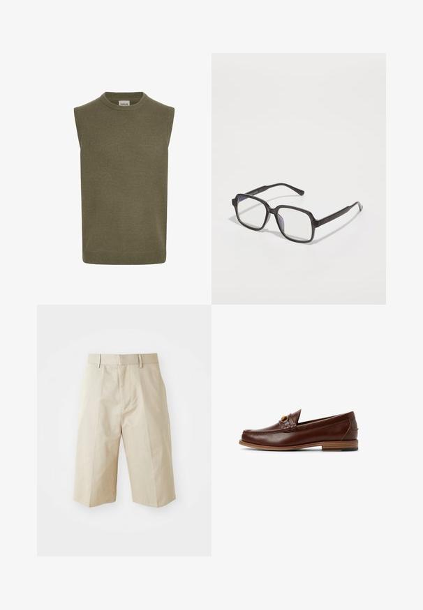 Pull sans manches en olive, texture tricot côtelée, col rond, coupe droite et détail subtil à l'ourlet. Étiquette de marque visible à l'intérieur.; T-shirt blanc à manches courtes en coton, avec un col rond et une coupe décontractée àOurlet droit. Sans motifs ni embellissements.; Shorts beiges ajustés avec une coupe droite, dotés de passants de ceinture, d'un devant plissé et d'une texture en coton lisse. Sans poches ni détails supplémentaires.; Mocassins en cuir marron avec un détail tressé et une accent en or. Talon plat en bois avec grip en caoutchouc noir. Texture lisse, design classique.; Lunettes rectangulaires noires avec des verres transparents, dotées d'un pont plat et de branches minces, affichant une texture en plastique lisse.