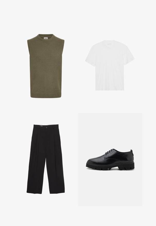 Maglioncino senza maniche in verde oliva, texture a costine, scollo rotondo, taglio dritto e dettaglio dell'orlo sottile. Etichetta del marchio visibile all'interno.; T-shirt bianco in cotone con maniche corte, scollatura a girocollo e orlo dritto. Tessuto liscio, design minimalista senza motivi o dettagli.; Pantaloni neri a gamba larga realizzati in tessuto morbido, con vita piatta, pinces frontali e chiusura con un bottone.; Scarpe in pelle nera con finitura liscia, design con lacci e suola in gomma spessa e robusta con profondi intagli per una buona aderenza.