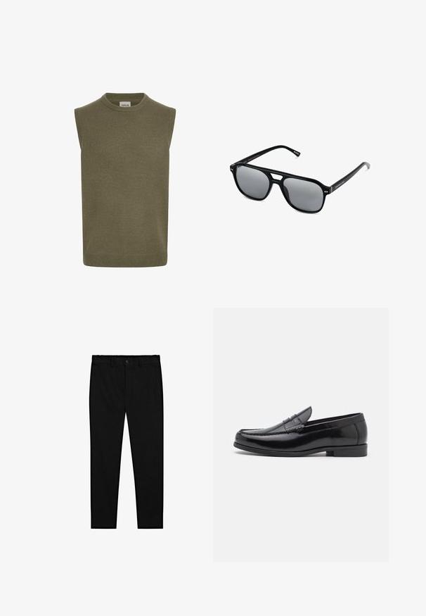 Ærmeløs sweater i olivengrøn, ribstrikket tekstur, rund halsudskæring, lige snit og diskret kantdetalje. Brandlabel synlig indeni.; Hvide bomulds tanktoppe, ærmeløs design, rund hals, ensartet tekstur, med et blødt, let stof. To stykker vist.; Sorte skræddersyede bukser med knaplukning, bælteholdere og slim lige ben, præsenteret på en hvid baggrund.; Sorte læder loafers med rund tå, dekorativ syning og lav hæl. Glat tekstur med subtil glans. Klassisk design uden udsmykninger.; Sorte solbriller med rektangulære rammer, gråt tonede linser og en broudskæring design. Slankt, glat plastmateriale med smalle stænger.