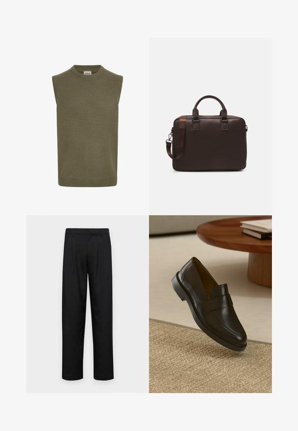Majica bez rukava u maslinasto zelenoj boji, rebrasta pletenina, okrugli izrez, ravni kroj i suptilna obruba. Brand oznaka vidljiva unutra.; Crne hlače od glatkog materijala, s dizajnom ravnih nogavica, dva prednja nabora i standardnim pojasom s petljama za remen.; Crni kožni mokasini s glatkom završnom obradom, zaobljenim vrhom i ukrasnom trakicom preko gornjeg dijela. Nizak gumeni potplat, postavljen na teksturiranoj površini.; Smeđa kožna torba za prijenosno računalo s teksturiranom površinom, dvostrukim gornjim ručkama, podesivim remenom i dva prednja kopčanja za dodatne detalje.