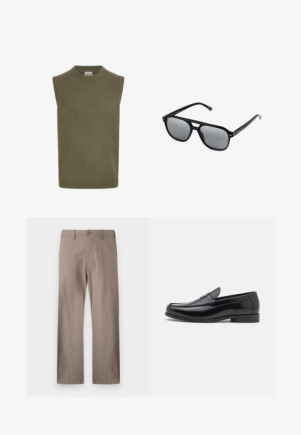 Maglioncino senza maniche in verde oliva, texture a costine, scollo rotondo, taglio dritto e dettaglio dell'orlo sottile. Etichetta del marchio visibile all'interno.; Pantaloni beige a gamba dritta realizzati in tessuto leggero con chiusura a bottone, dotati di tasche frontali e cuciture pulite.; Mocassini in pelle nera con punta arrotondata, cuciture decorative e tacco basso. Texture liscia con un leggero lucido. Design classico senza decorazioni.; Occhiali da sole neri con montatura rettangolare, lenti grigie oscurate e design con intaglio sul ponte. Materiale plastico lucido e slanciato, con tempie sottili.